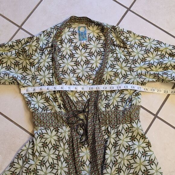 Burning Torch Anthropologie lightweight cotton kimono tie front green pattern M - Picture 8 of 10